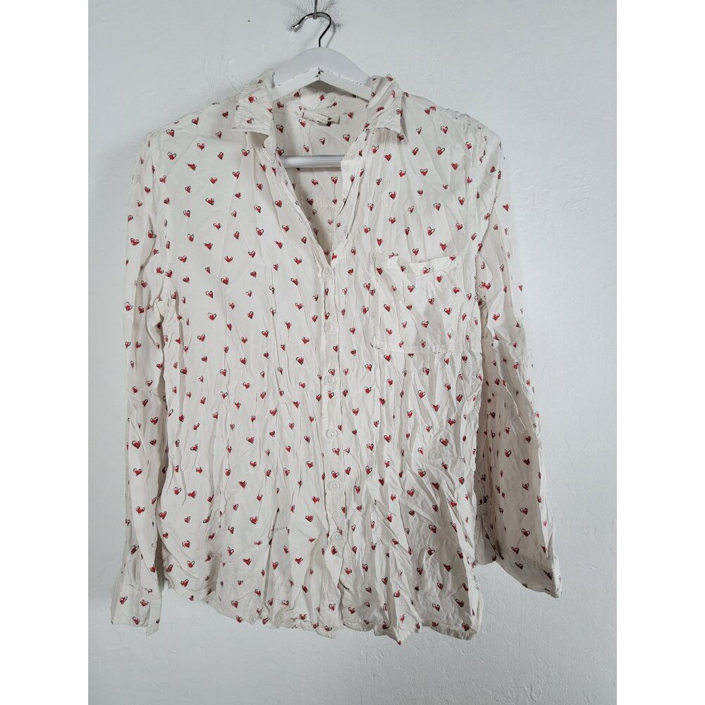 Beachlunchlounge Womens Button-Up Shirt White with Red Heart Print Size Medium